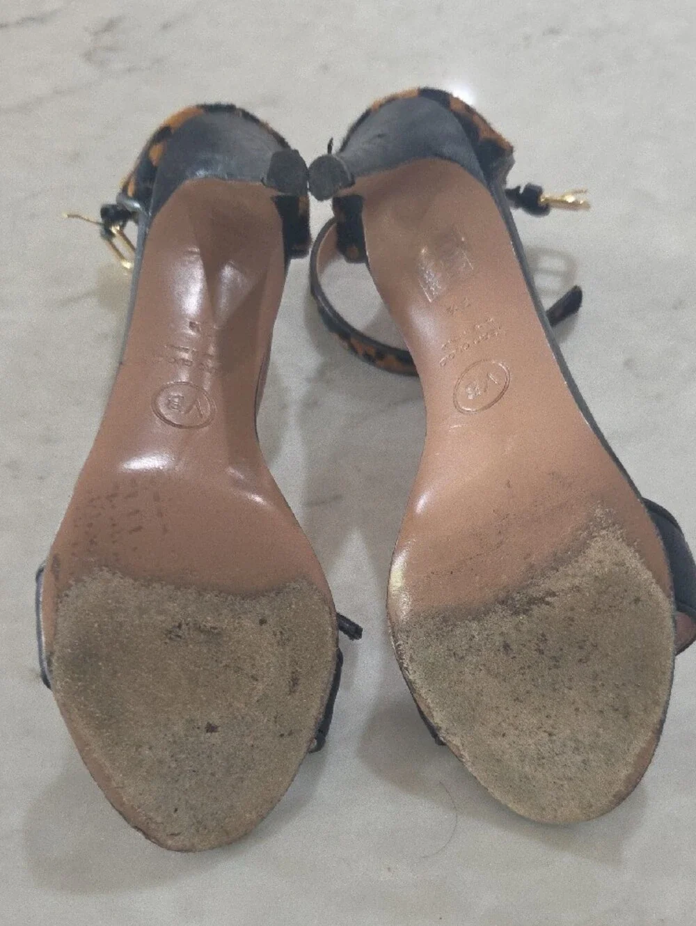 Veronica Beard Black Leather Sandals with Leopard Ankle Straps
